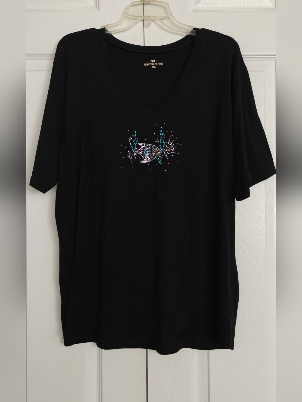 Princess Cruises Black V-Neck Women’s Shirt with Embellished Fish Design, XXL